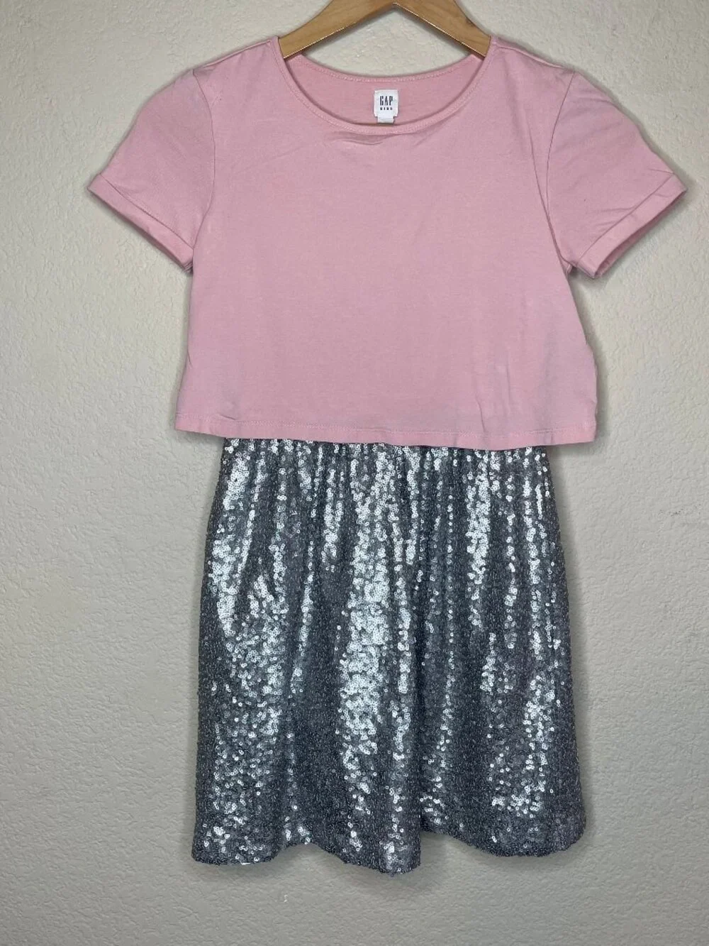 GAP Kids Y2K Layered Sequin Dress Pink Silver Crop Tee Mini Size L 12